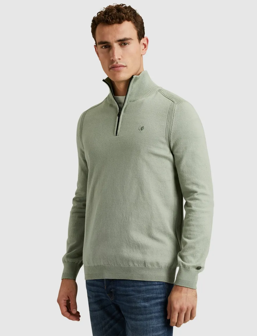 Cast Iron half zip trui groen effen normale fit katoen