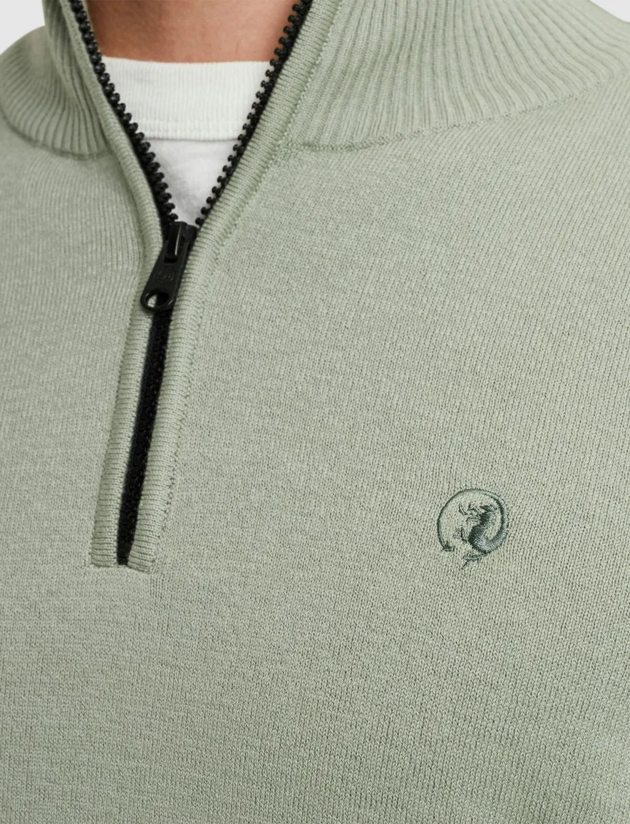 Cast Iron half zip trui groen effen normale fit katoen