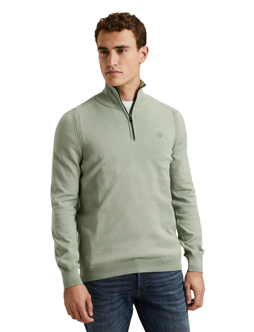 Cast Iron half zip trui groen effen normale fit katoen