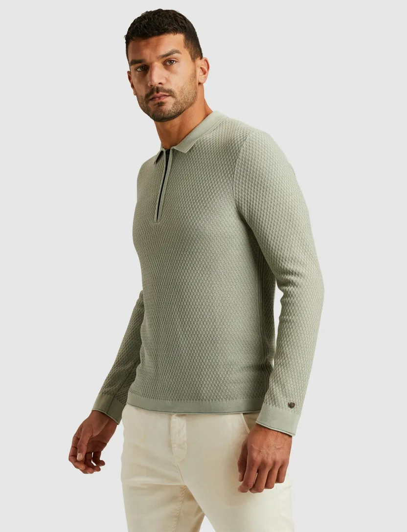 Cast Iron half zip polo gebreid groen slim fit katoen