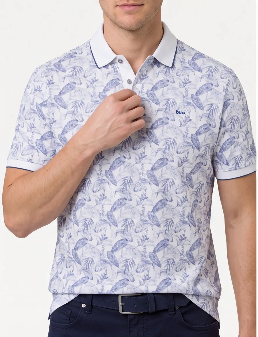 Brax polo wit blauw geprint katoen