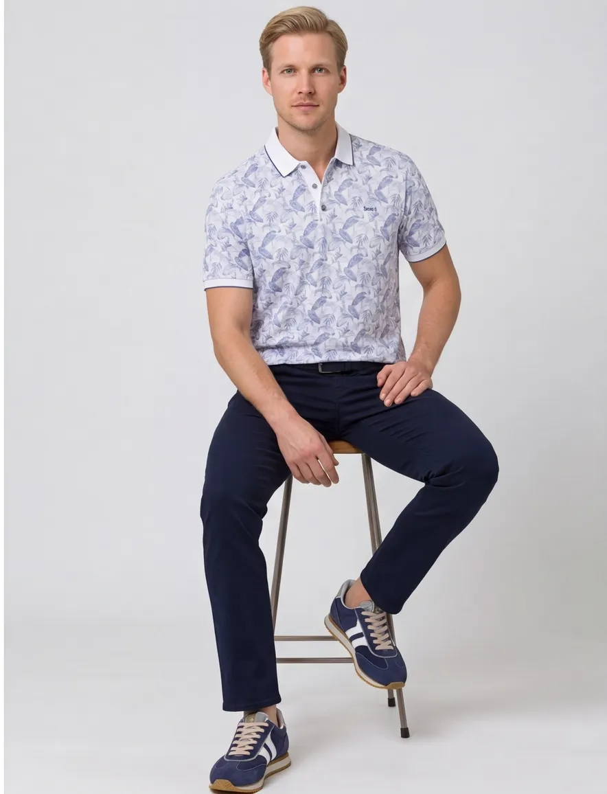 Brax polo wit blauw geprint katoen