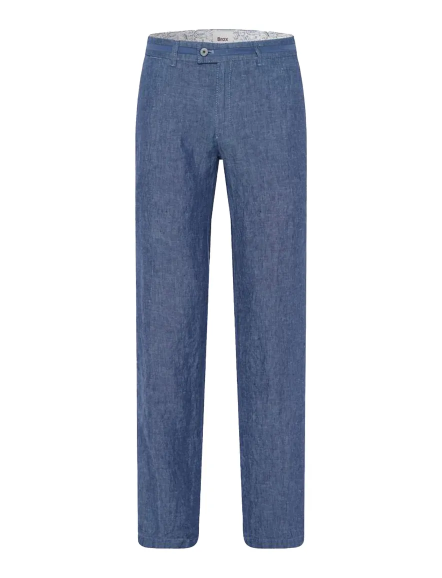 Brax Pantalon linnen blauw effen flatfront gemêleerd