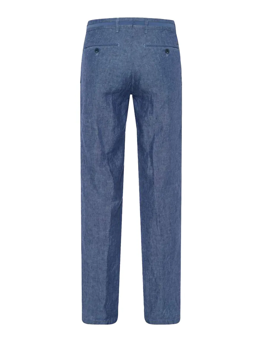 Brax Pantalon linnen blauw effen flatfront gemêleerd
