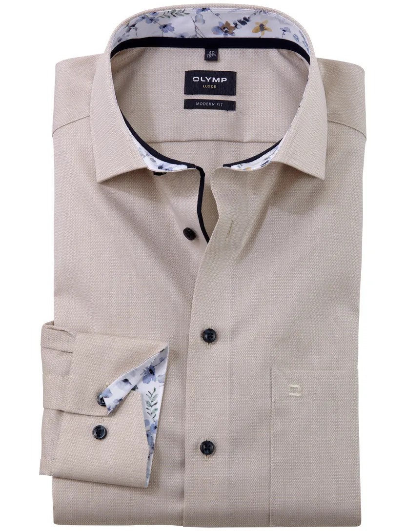 beige geprint Olymp overhemd Modern Fit met borstzak