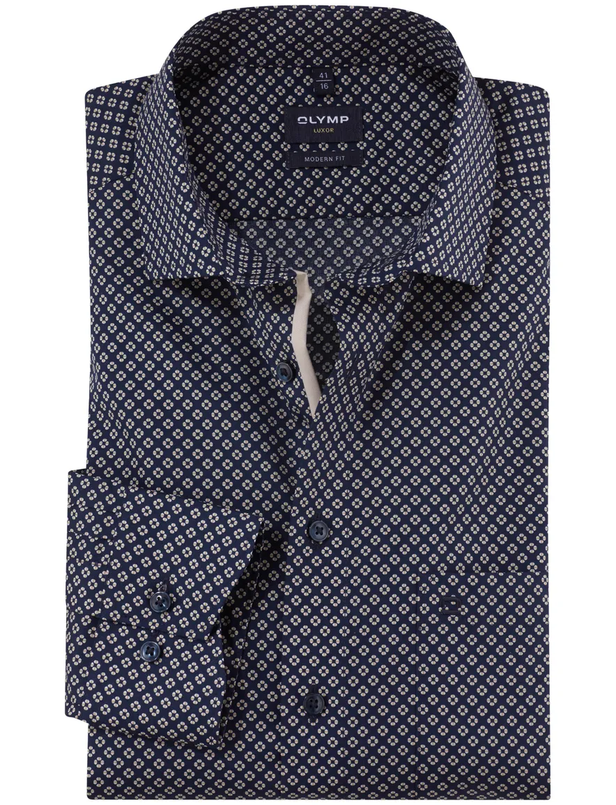 Olymp overhemd navy geprint borstzak Modern Fit