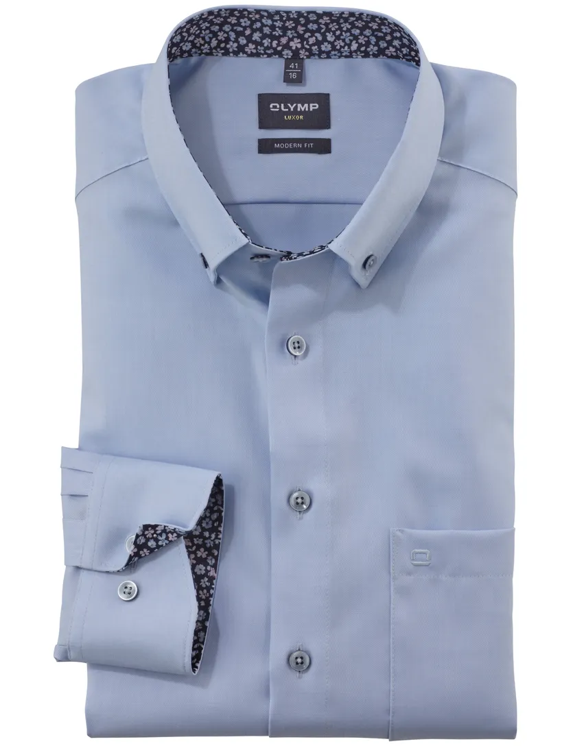 lichtblauw sportief Olymp overhemd button down met borstzak