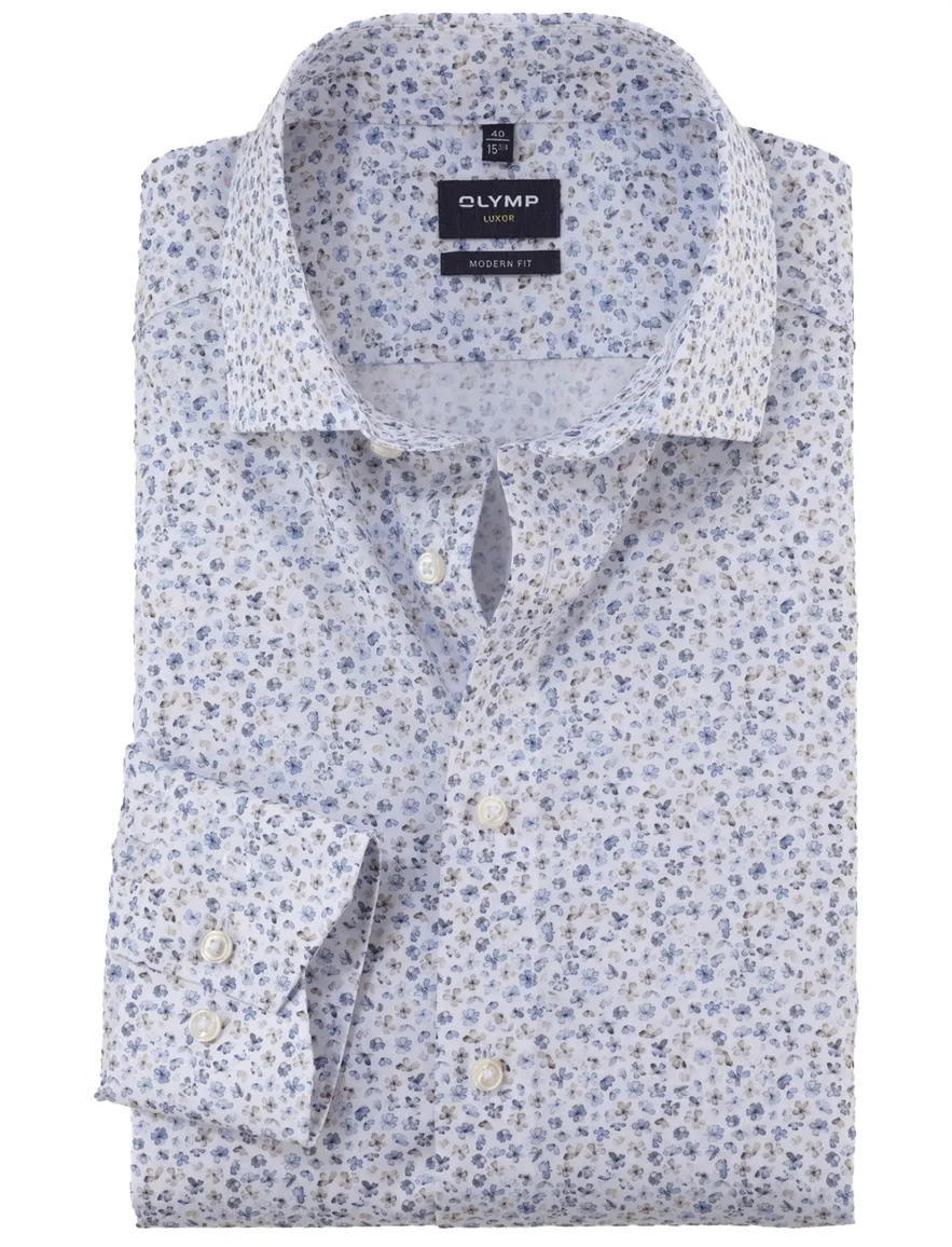 Olymp Luxor Modern Fit overhemd mouwlengte 7 blauw strijkvrij
