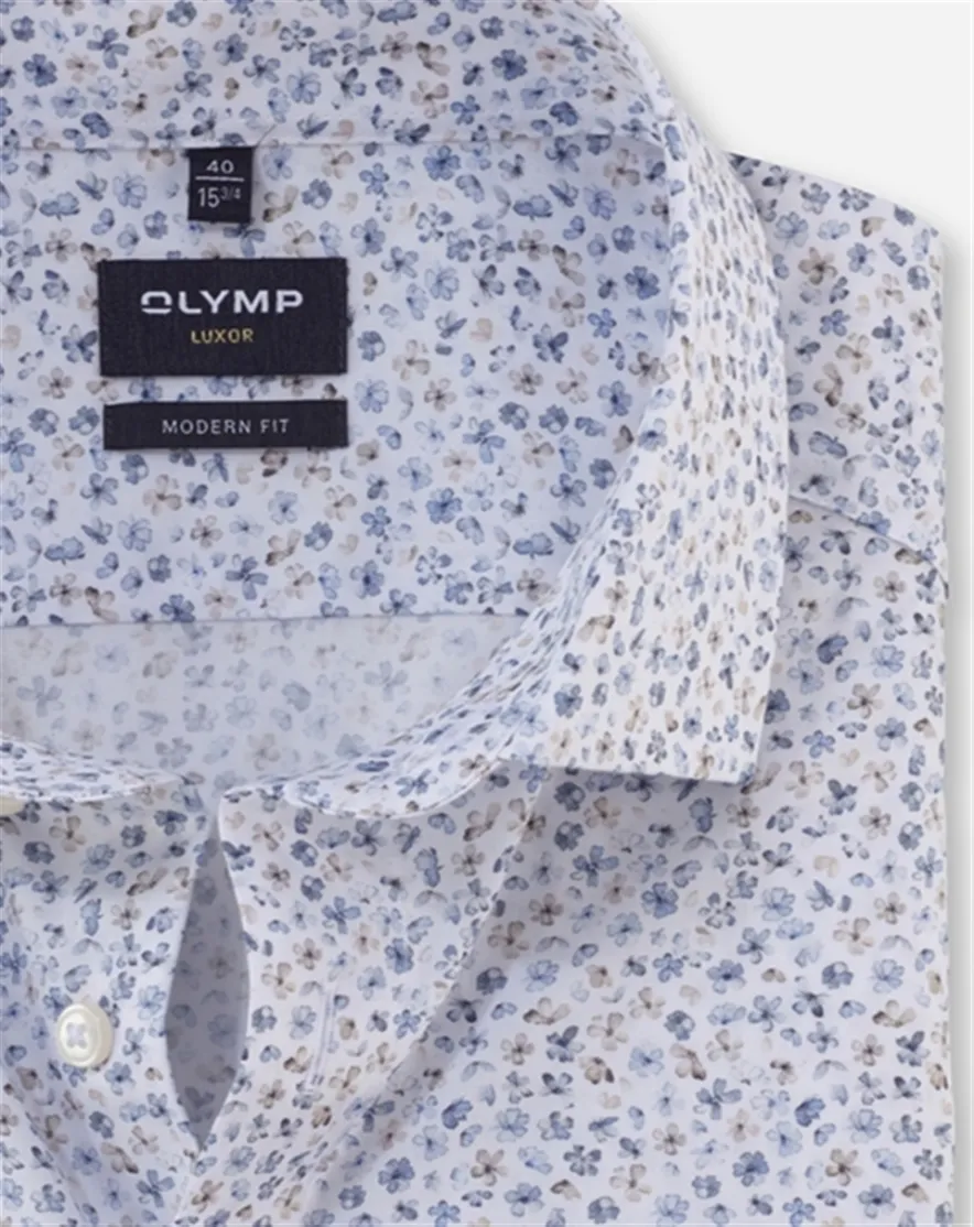 Olymp Luxor Modern Fit overhemd mouwlengte 7 blauw strijkvrij