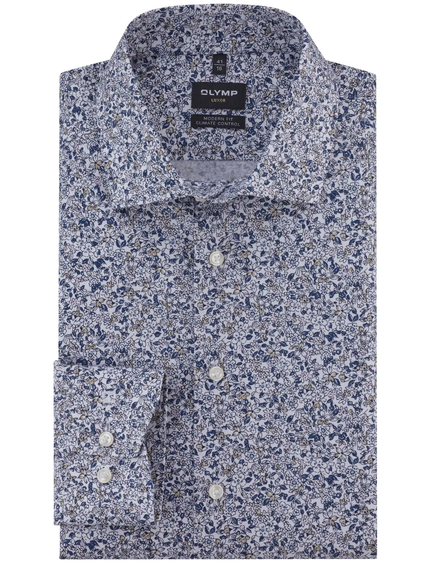 Olymp Luxor 24/Seven overhemd mouwlengte-7 blauw geprint