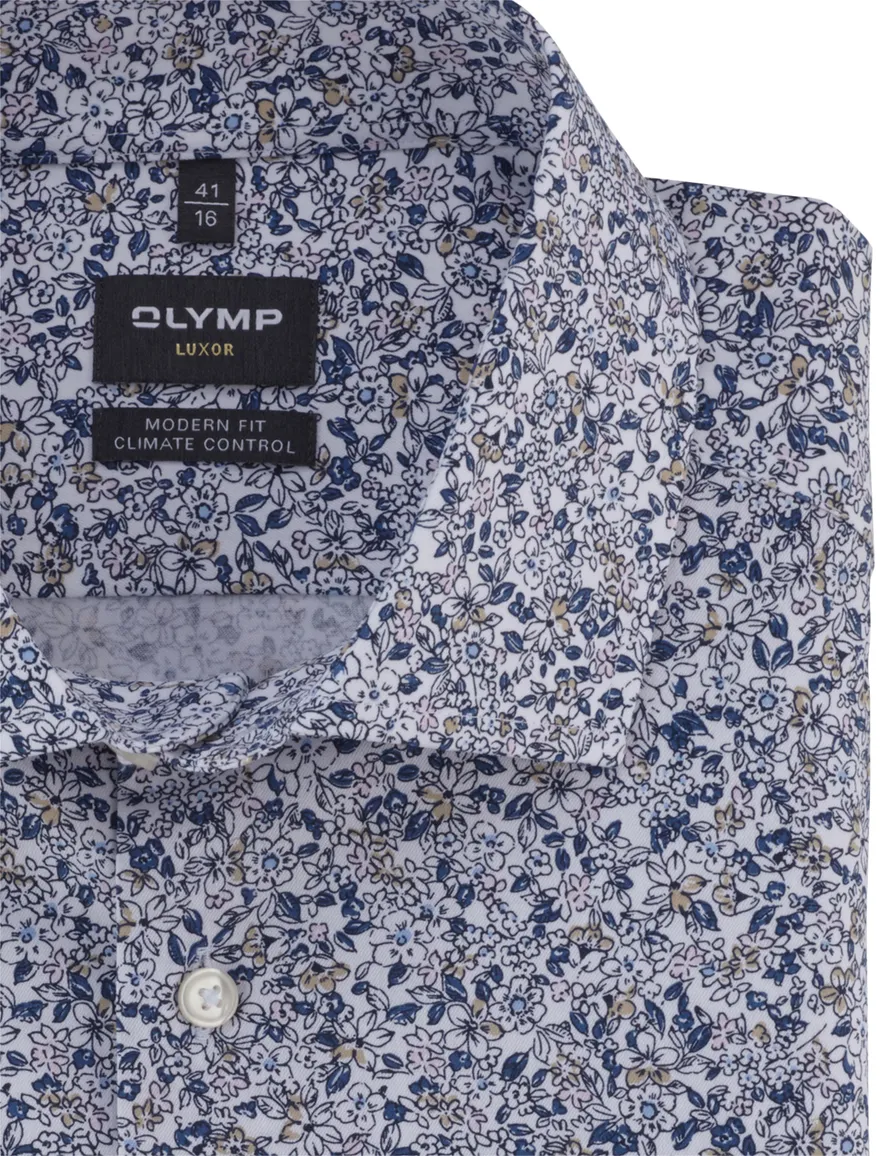Olymp Luxor 24/Seven overhemd mouwlengte-7 blauw geprint