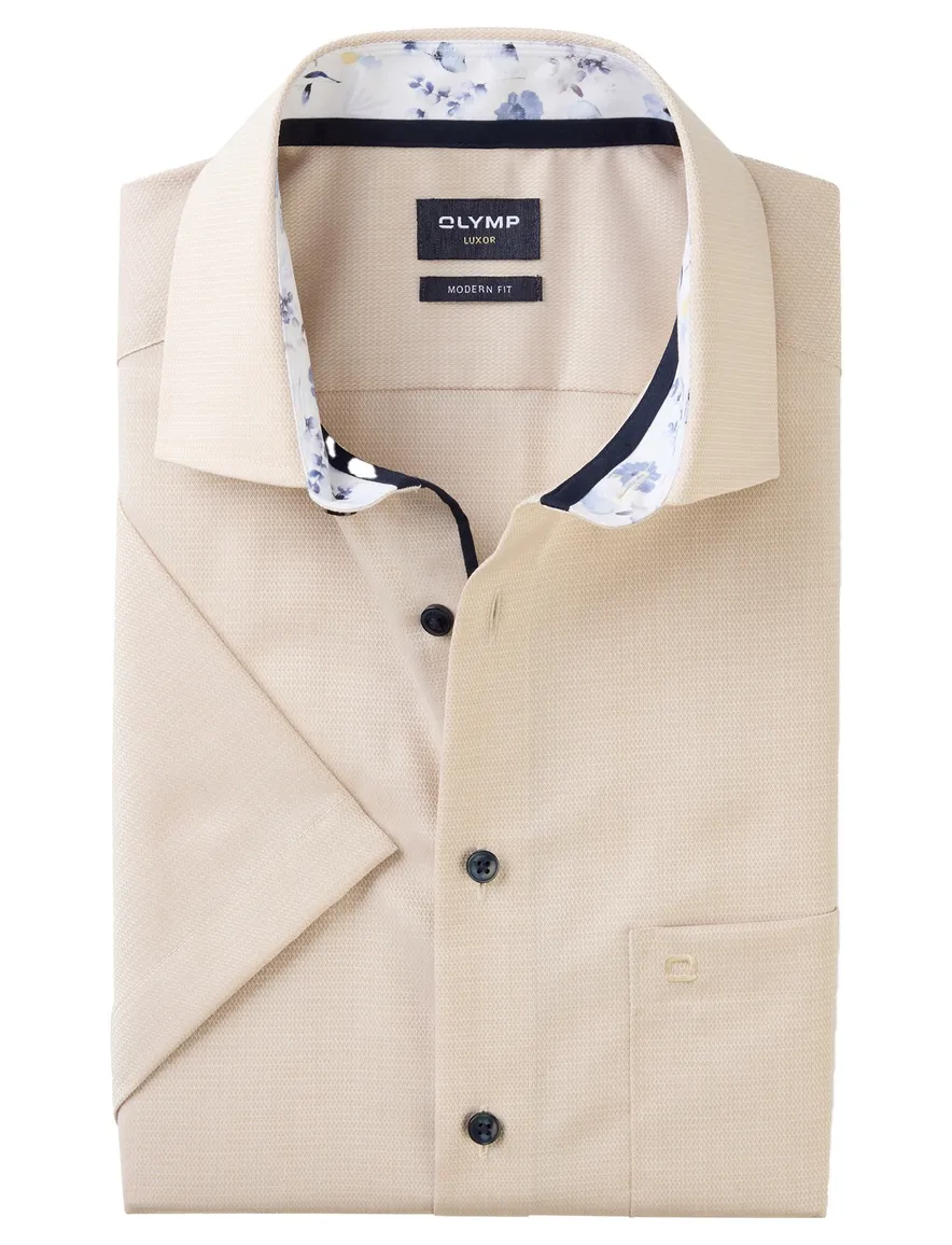 Olymp overhemd korte mouw beige effen normale fit