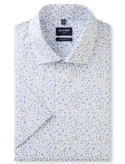 Olymp Olymp korte mouw overhemd Modern Fit wit lichtblauw print