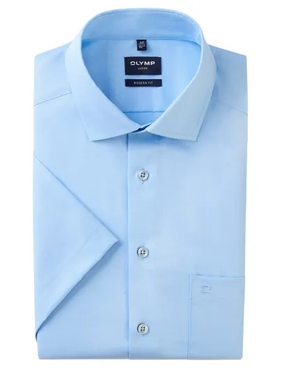 Olymp Olymp effen blauw korte mouw overhemd normale fit strijkvrij