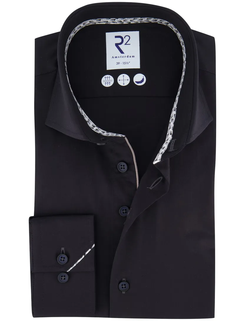 R2 Amsterdam overhemd zwart effen katoen wide collar