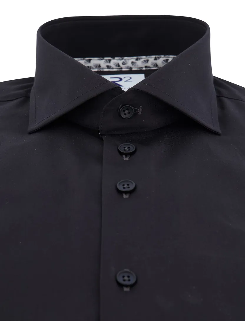 R2 Amsterdam overhemd zwart effen katoen wide collar