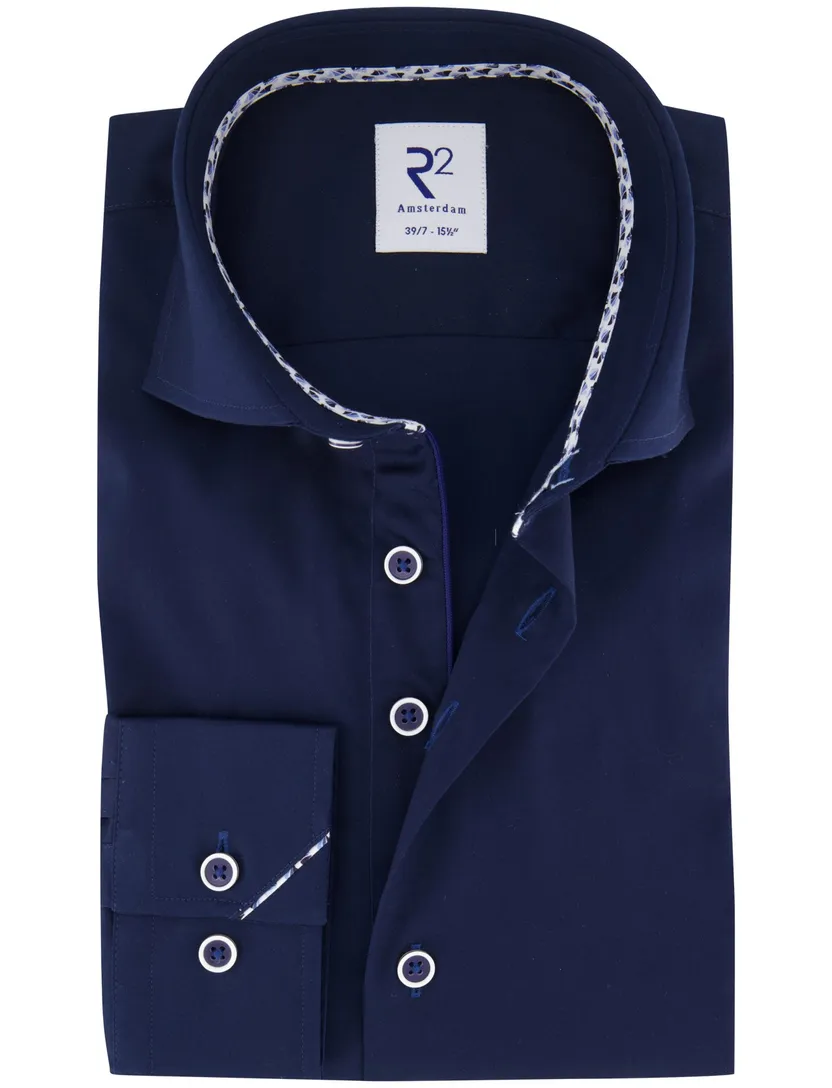 R2 overhemd navy ml7 effen wide collar