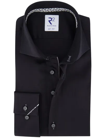 R2 R2 overhemd zwart mouwlengte 7 katoen wide collar