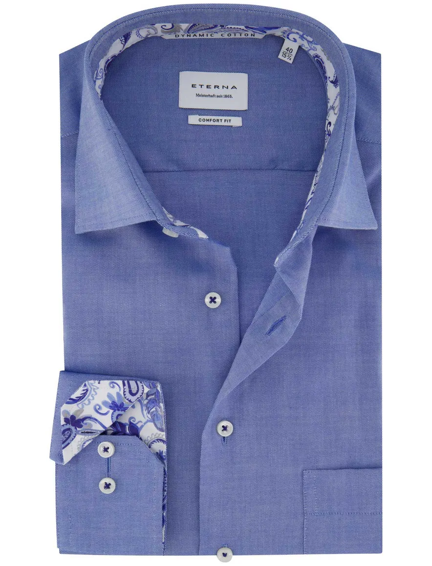 Eterna overhemd blauw comfort fit effen borstzak
