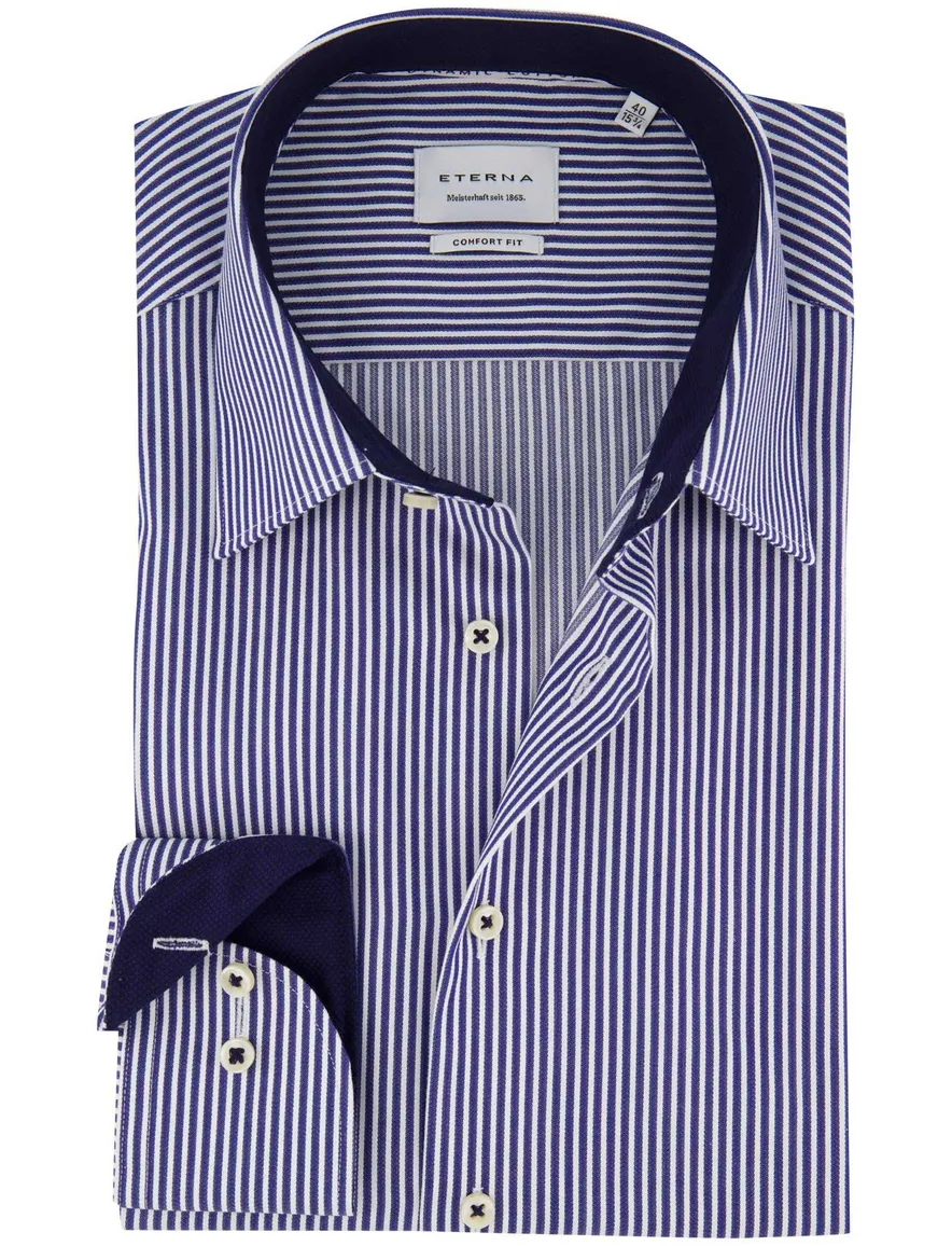 Eterna donkerblauw gestreept mouwlengte 7 overhemd comfort fit