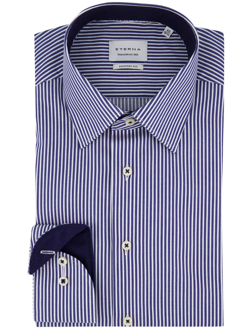 Eterna donkerblauw gestreept mouwlengte 7 overhemd comfort fit