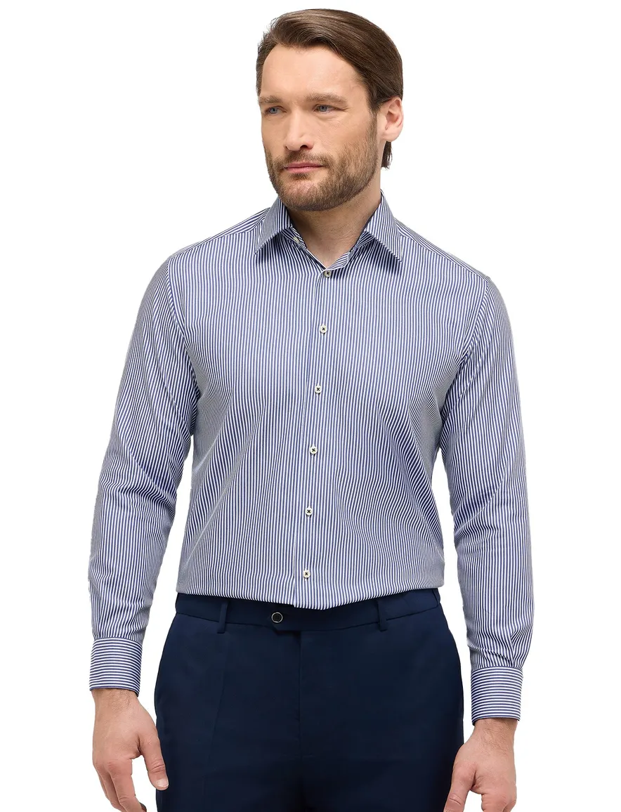 Eterna donkerblauw gestreept mouwlengte 7 overhemd comfort fit