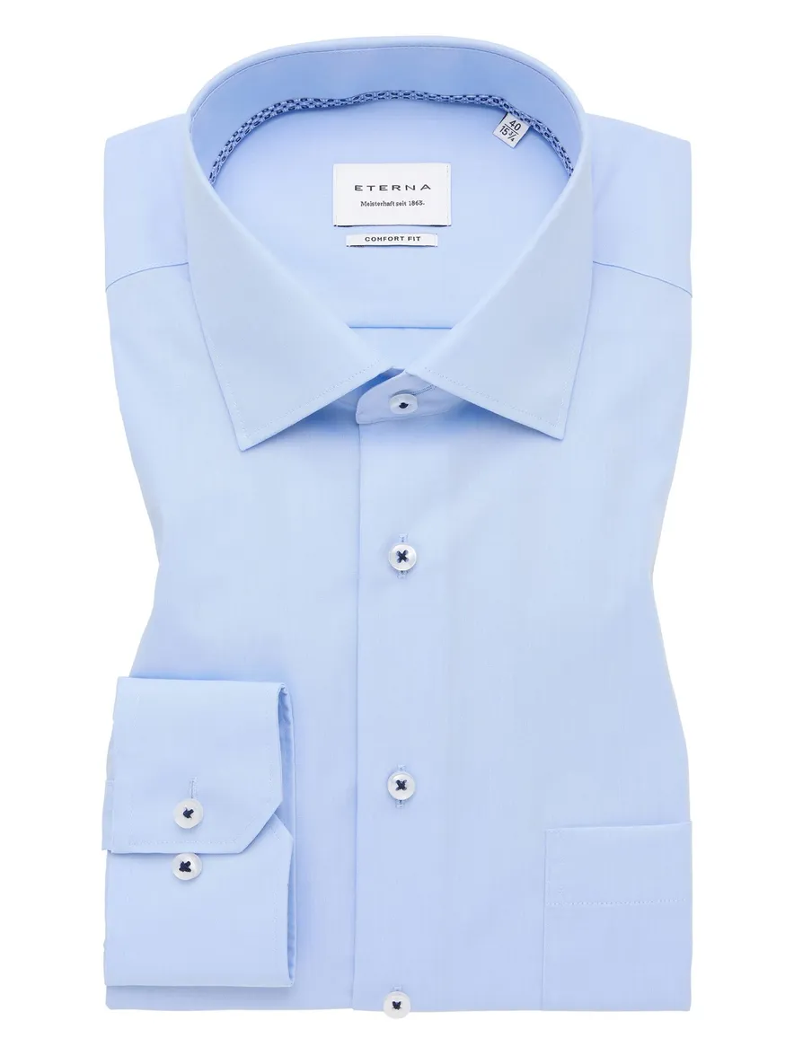 Eterna overhemd blauw effen mouwlengte 7 overhemd borstzak