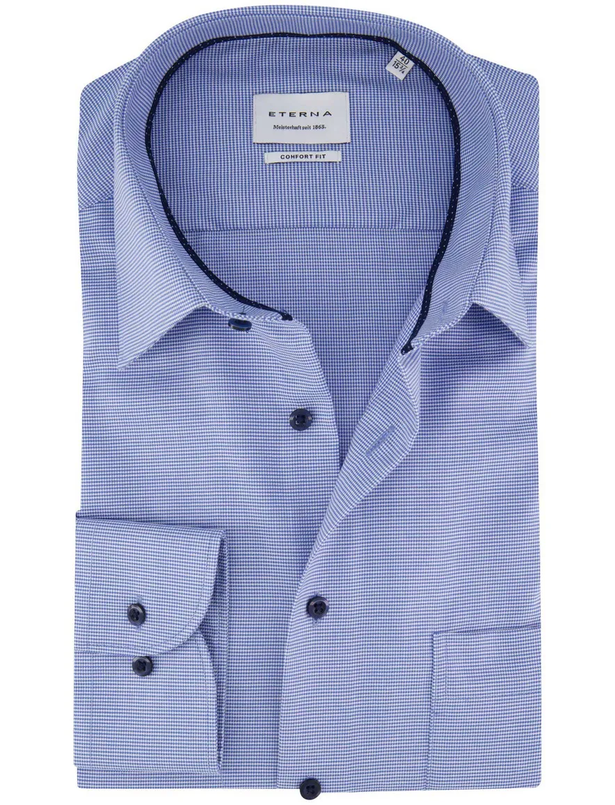 Eterna overhemd blauw geprint borstzak semi-wide collar