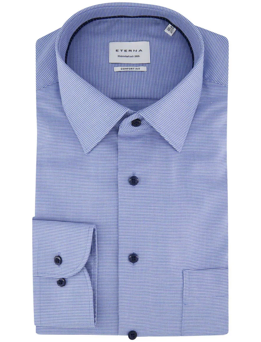 Eterna overhemd blauw geprint borstzak semi-wide collar