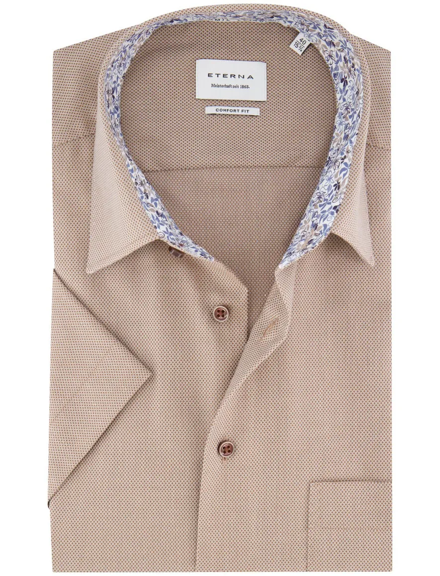 Eterna overhemd korte mouw beige strijkvrij