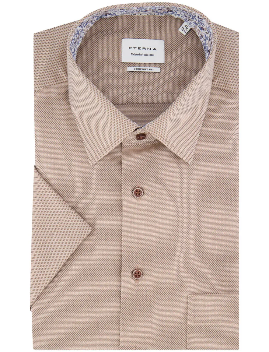 Eterna overhemd korte mouw beige strijkvrij