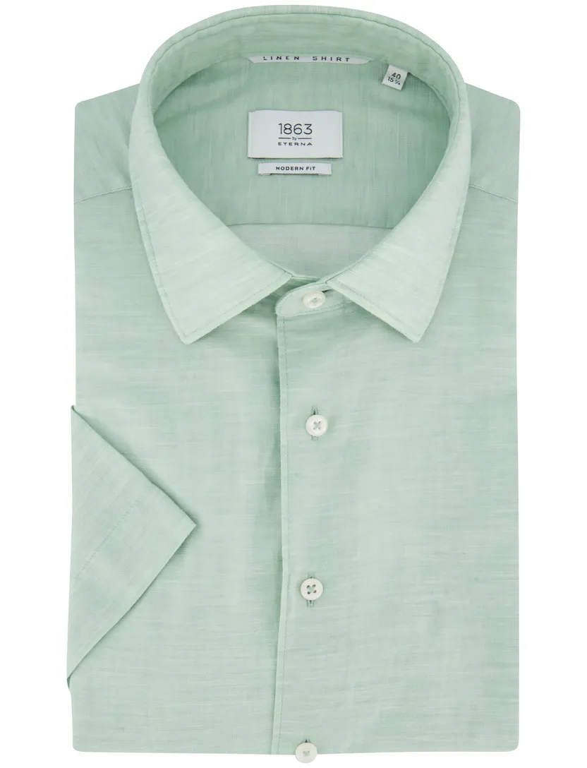 Eterna overhemd groen korte mouw semi-wide collar