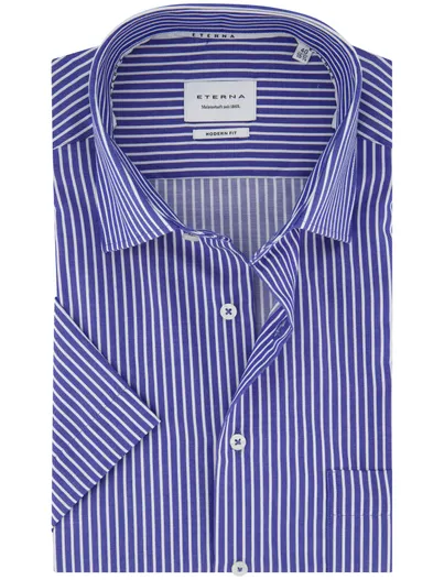 Eterna Eterna Modern Fit korte mouw overhemd blauw gestreept katoen