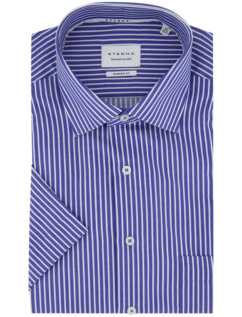 Eterna Modern Fit korte mouw overhemd blauw gestreept katoen