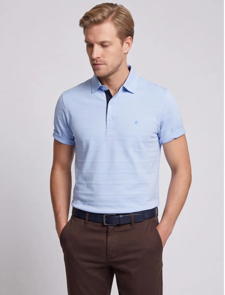 Pierre Cardin poloshirt korte mouw lichtblauw gestreept katoen