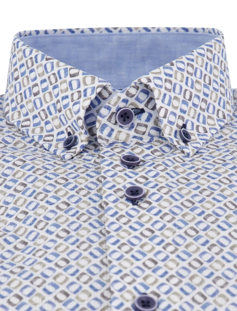 Eden Valley overhemd wit blauw regular fit geprint borstzak