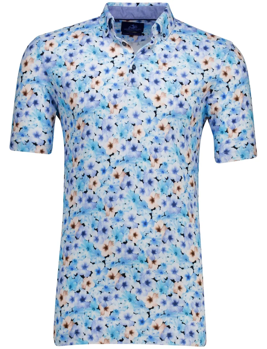 Eden Valley polo extra lang normale fit blauw geprint