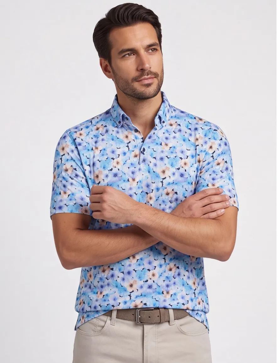 Eden Valley polo extra lang normale fit blauw geprint