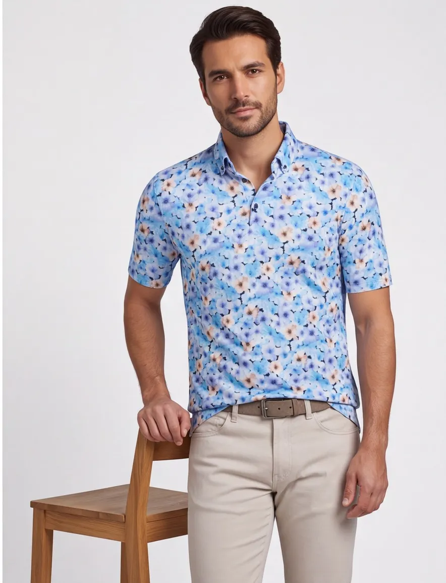 Eden Valley polo extra lang normale fit blauw geprint