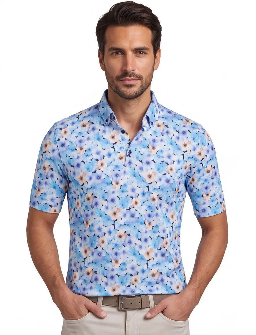 Eden Valley polo extra lang normale fit blauw geprint