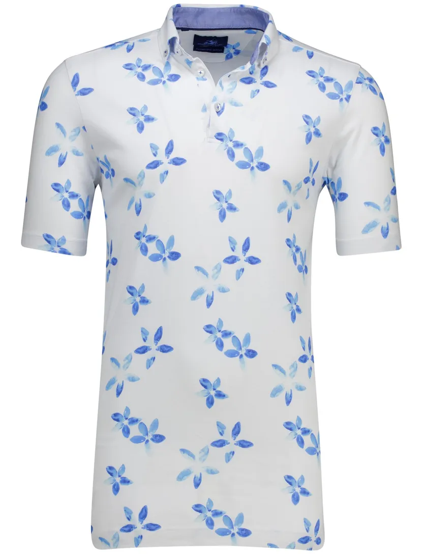 katoenen Eden Valley polo extra lang normale fit wit blauw