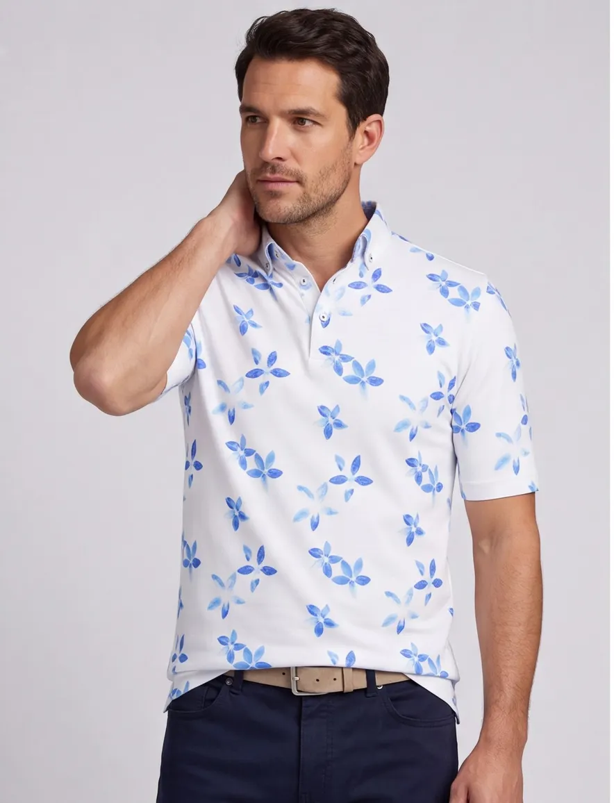 Eden Valley polo extra lang modern fit wit blauw