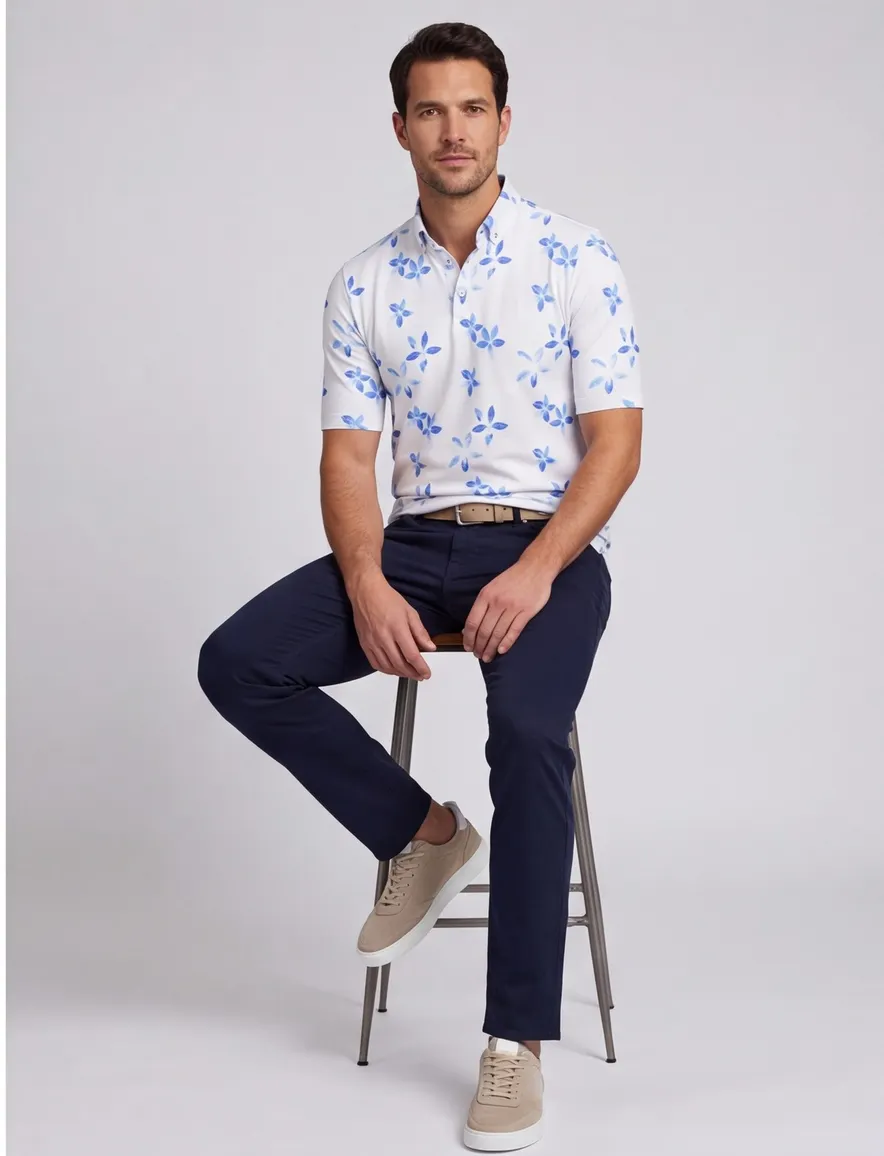Eden Valley polo extra lang modern fit wit blauw