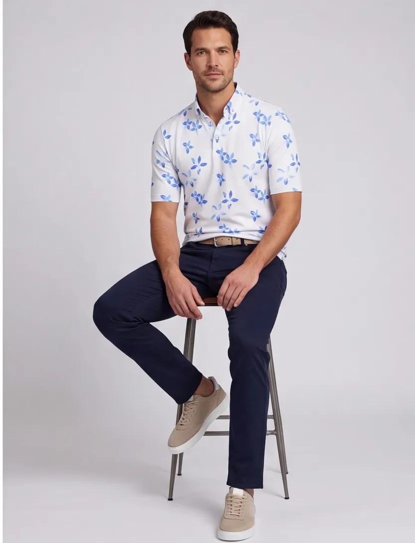 katoenen Eden Valley polo extra lang normale fit wit blauw