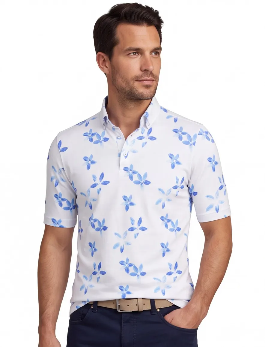 Eden Valley polo extra lang modern fit wit blauw
