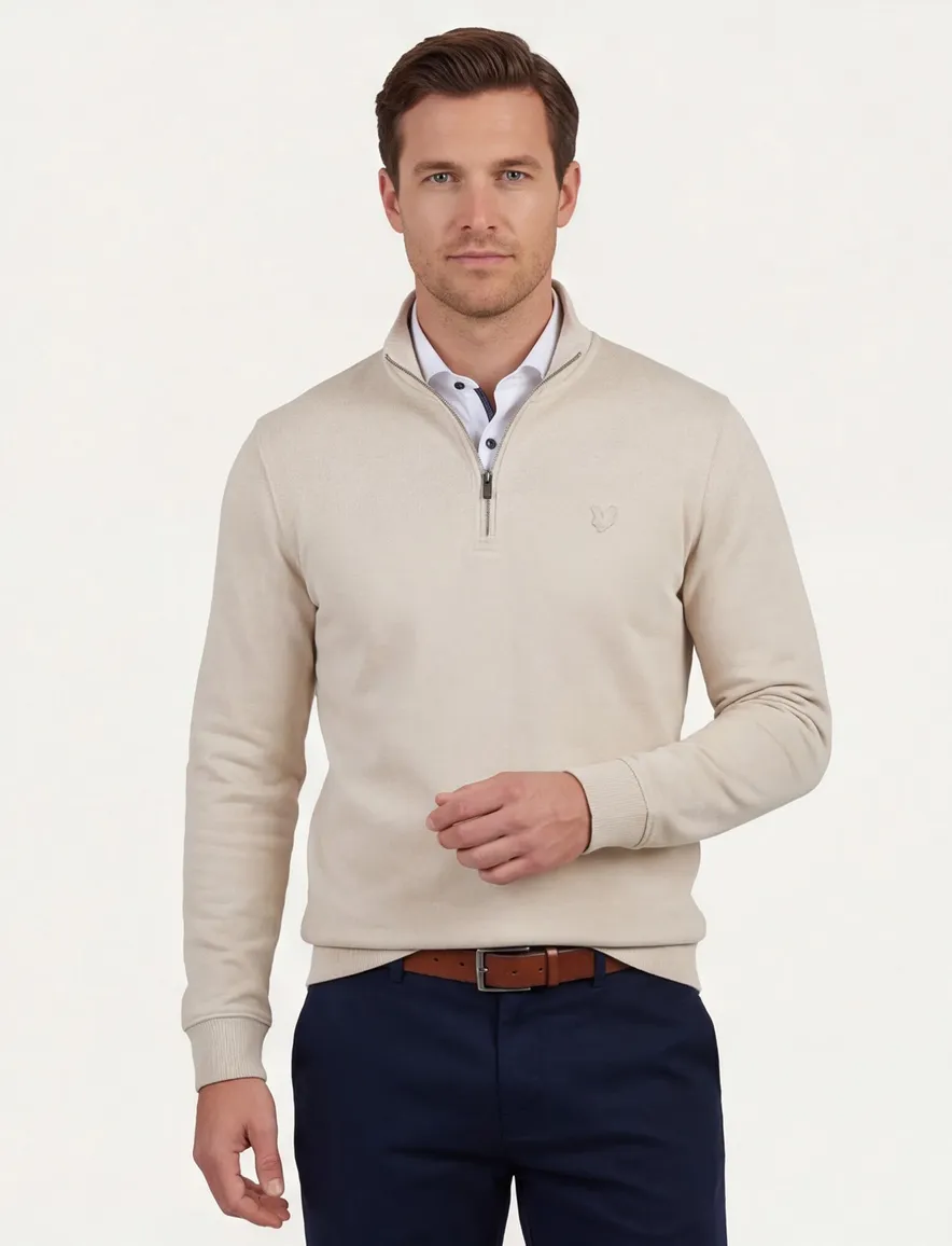 Lyle & Scott superfine half zip trui beige effen slim fit