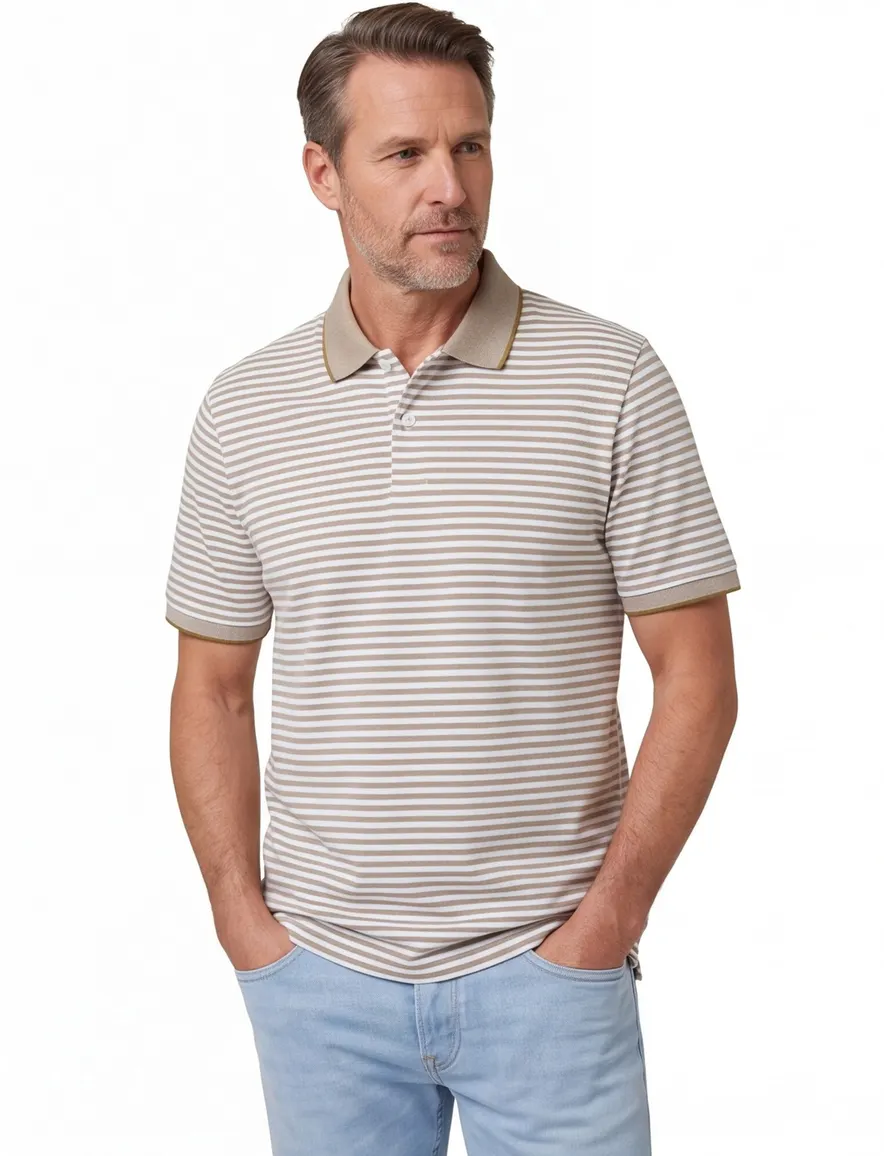 Bugatti polo beige gestreept katoen wijde fit