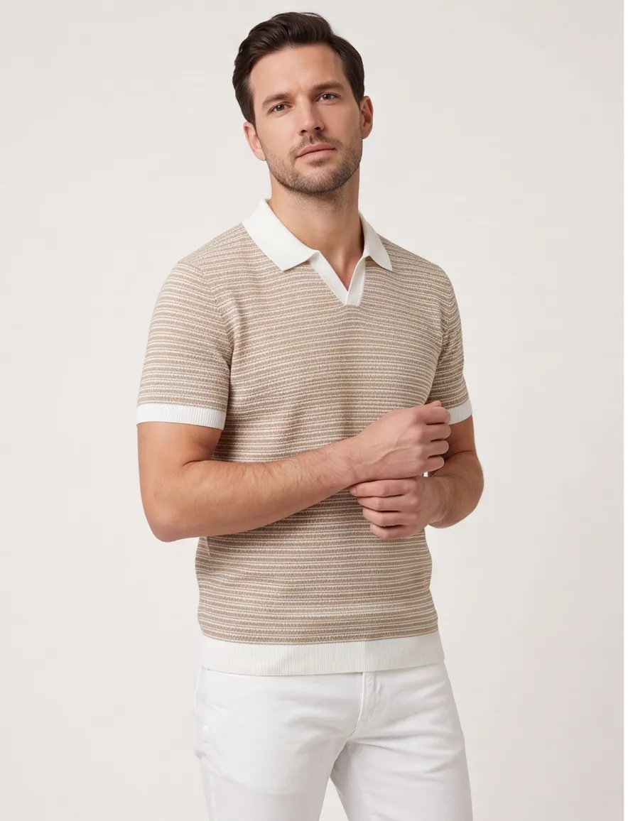 katoenen Bugatti knitted polo shirt bruin wit gestreept