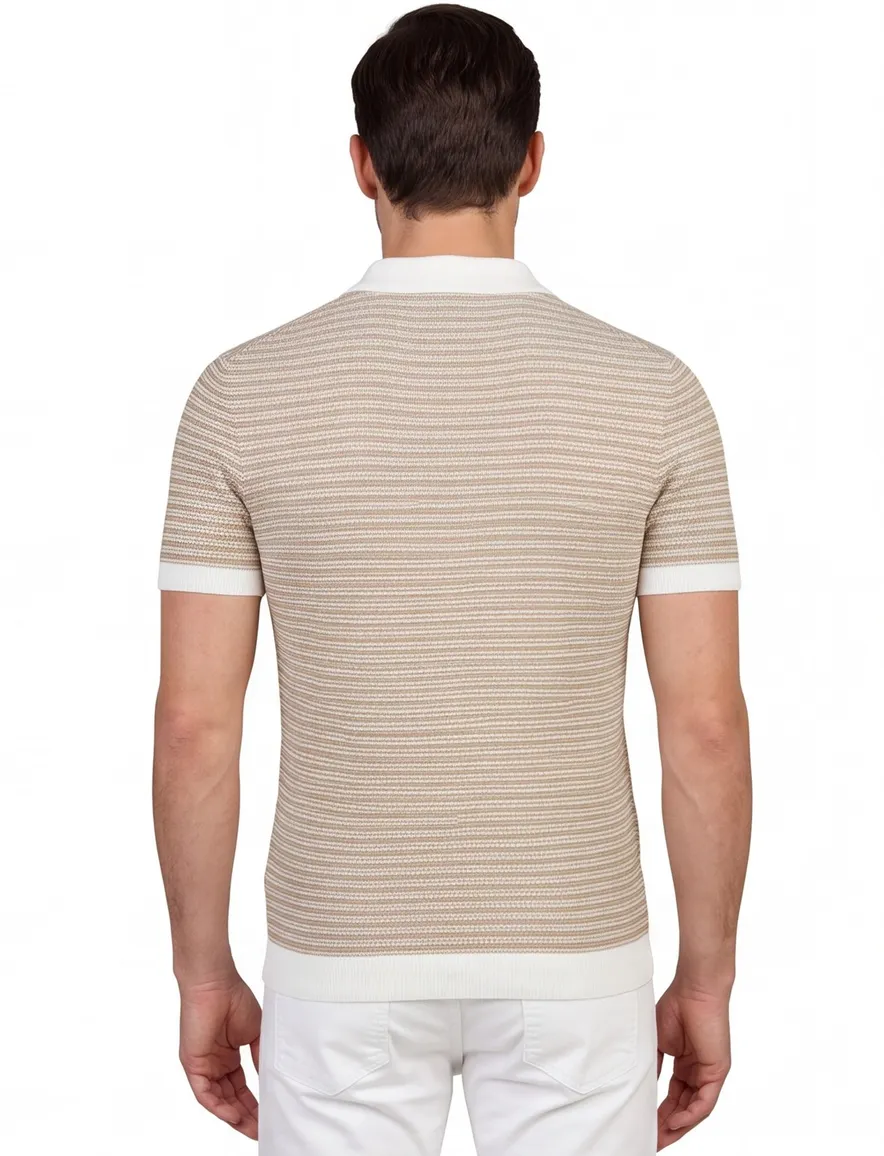katoenen Bugatti knitted polo shirt bruin wit gestreept