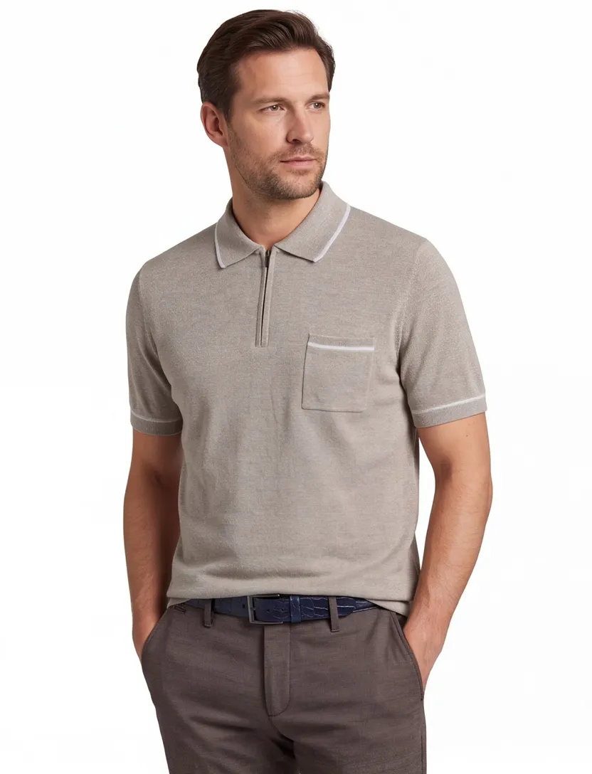 katoenen Bugatti polo beige met rits wijde fit